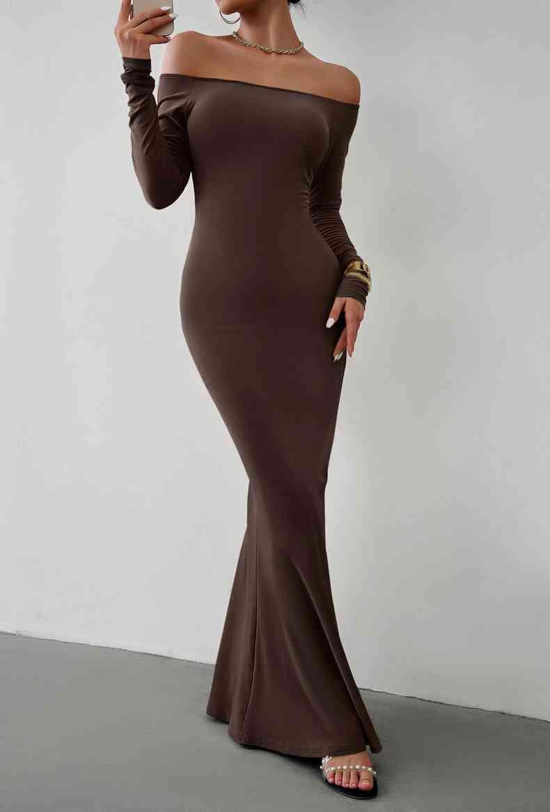 Off-Shoulder Long Sleeve Maxi Dress Dresses Trendsi Chocolate S 