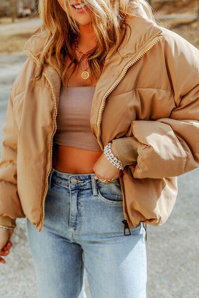 Zip Up Collared Neck Coat with Pockets Coats Trendsi   