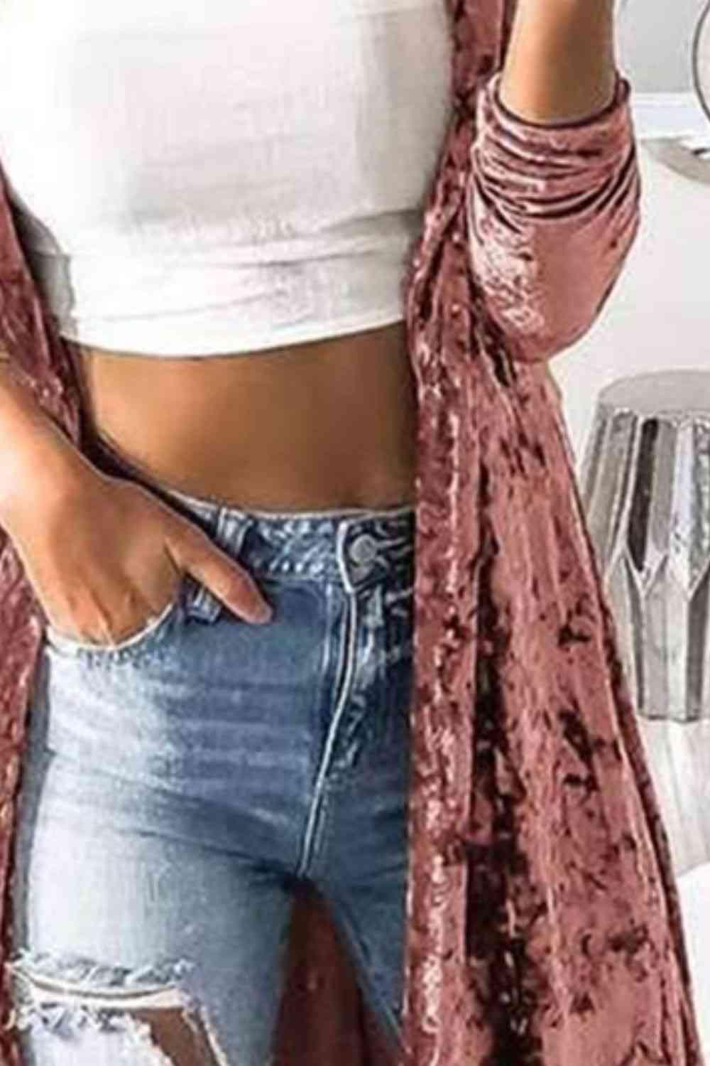Open Front Longline Velvet Cardigan Cardigans Trendsi   