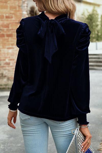Mock Neck Velvet Long Sleeve Blouse Blouses Trends   