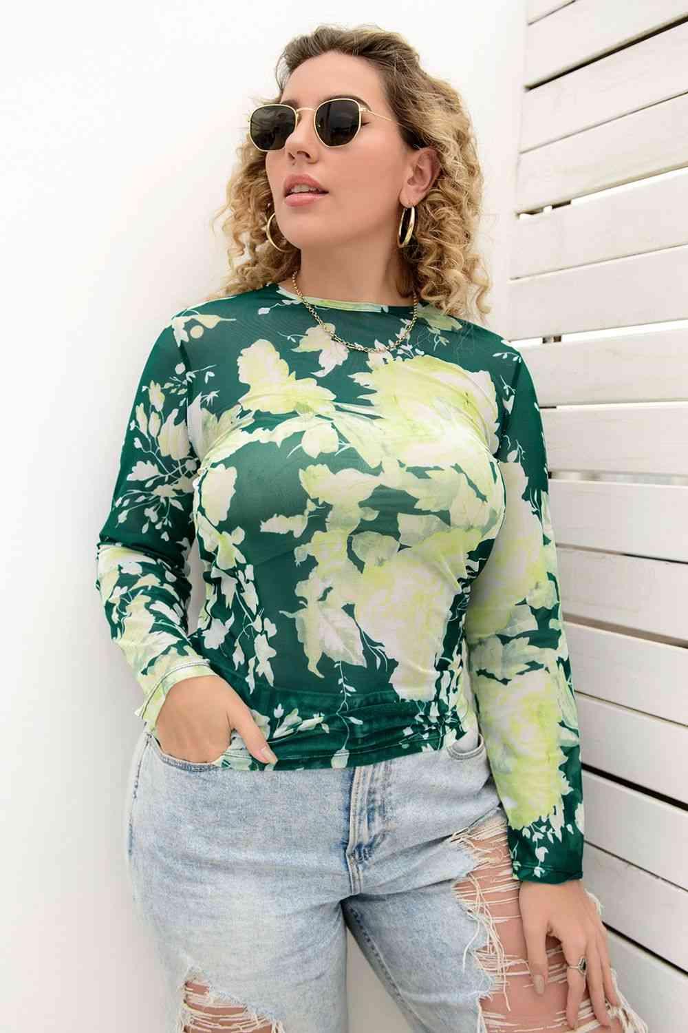 Plus Size Printed Round Neck Long Sleeve Blouse Blouses Trendsi   