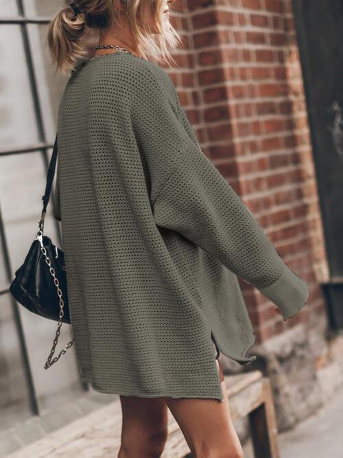 Openwork Round Neck Long Sleeve Slit Sweater Sweaters Trendsi   
