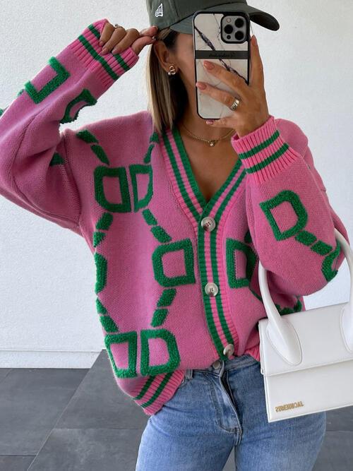 Geometric Dropped Shoulder Button Down Cardigan Cardigans Trend   