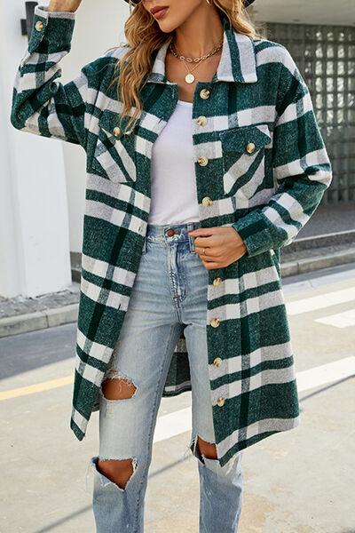 Plaid Button Up Collared Neck Jacket with Pockets Jackets Trendsi Black Forest S 