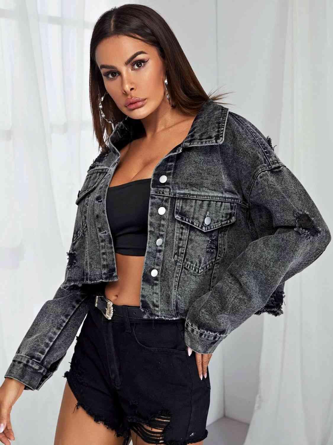 Cropped Denim Jacket Jackets Trendsi   