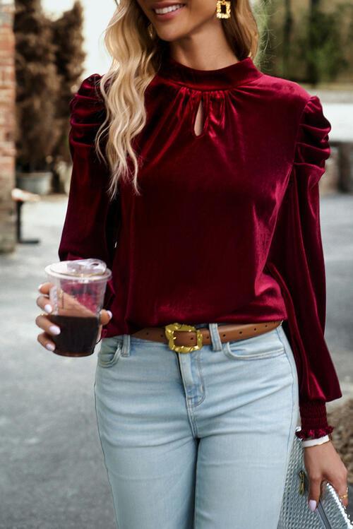 Mock Neck Velvet Long Sleeve Blouse Blouses Trends   