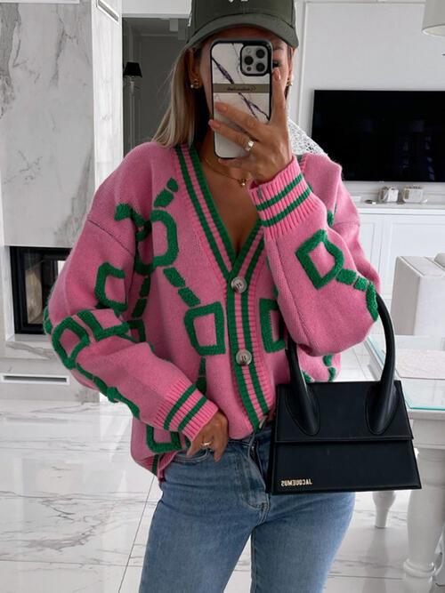 Geometric Dropped Shoulder Button Down Cardigan Cardigans Trend Hot Pink S 