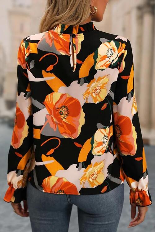 Floral Mock Neck Flounce Sleeve Blouse Blouses Trends   