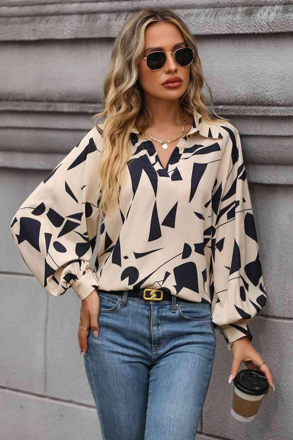 Printed Johnny Collar Blouse Blouses Trendsi Cream S 