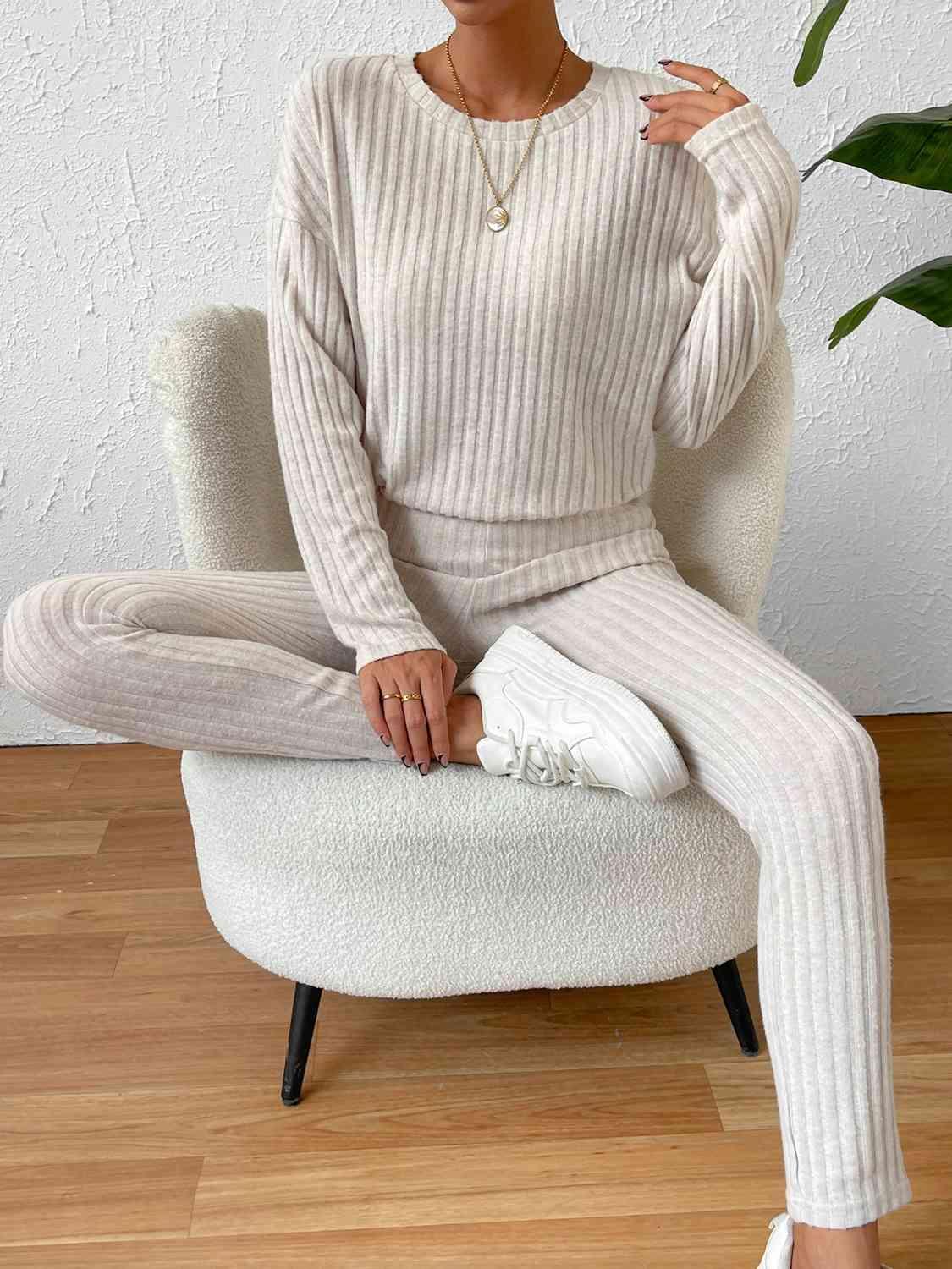 Ribbed Top and Pants Lounge Set Pant Set Trends Ivory S 