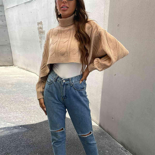 Turtleneck Cropped Sweater Tops Trendsi Camel S 