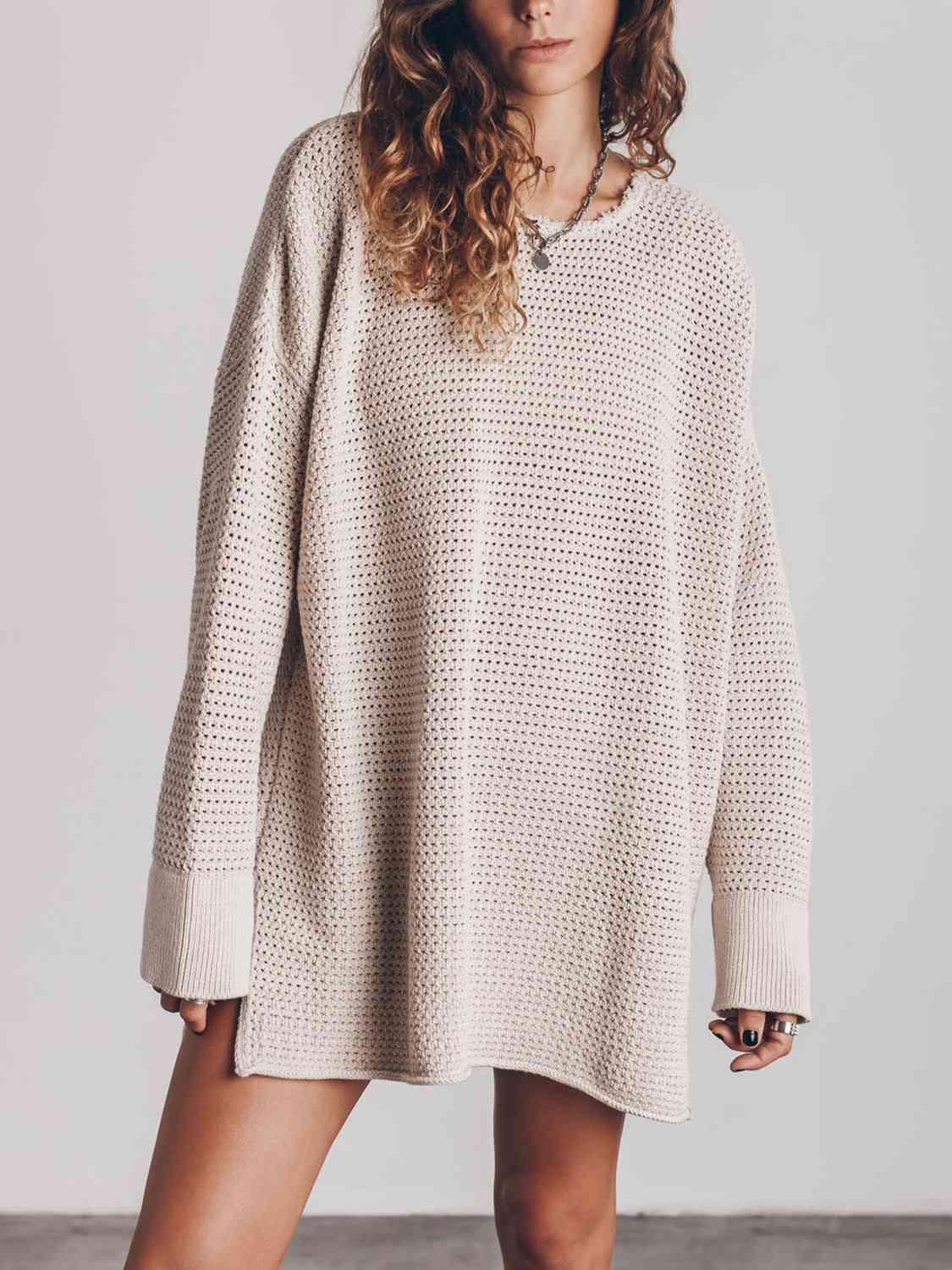 Openwork Round Neck Long Sleeve Slit Sweater Sweaters Trendsi   