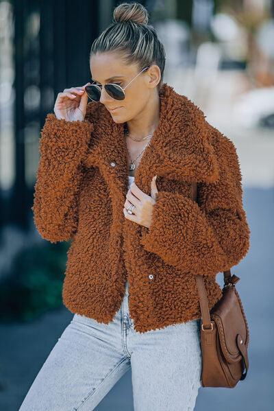 Fuzzy Snap Down Long Sleeve Jacket Jackets Trendsi   