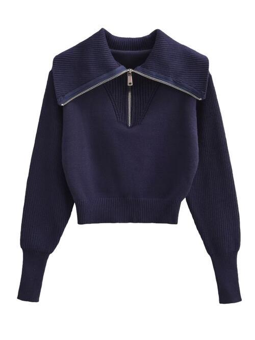 Half Zip Ribbed Collared Neck Knit Top Sweaters Trendsi Dark Navy S 