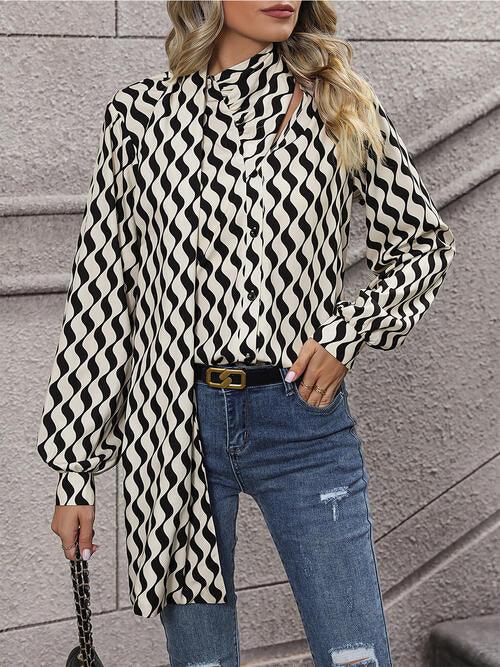 Printed Statement Neck Buttoned Blouse Blouses Trendsi Black S 