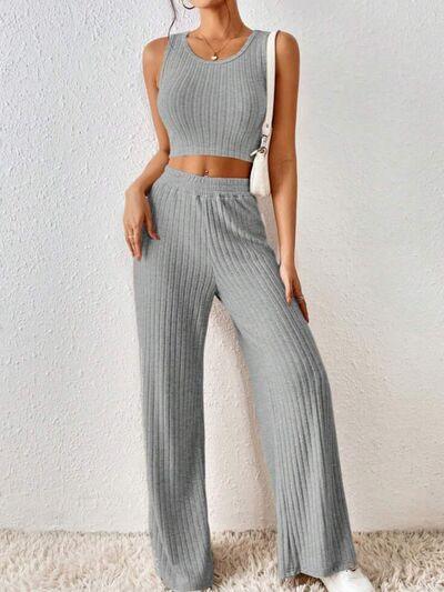 Ribbed Round Neck Tank and Pants Sweater Set Pant Set Trends Heather Gray S 