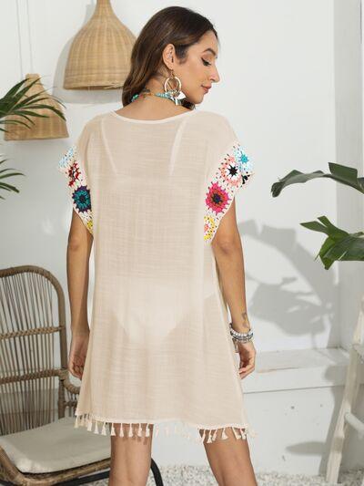 Tassel Boat Neck Flutter Sleeve Cover Up Swimwear Trendsi   