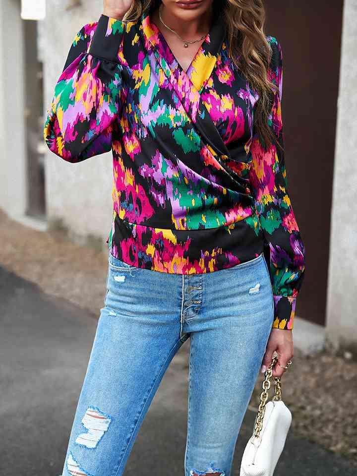 Printed Long Sleeve Wrap Look Blouse Blouses Trendsi   