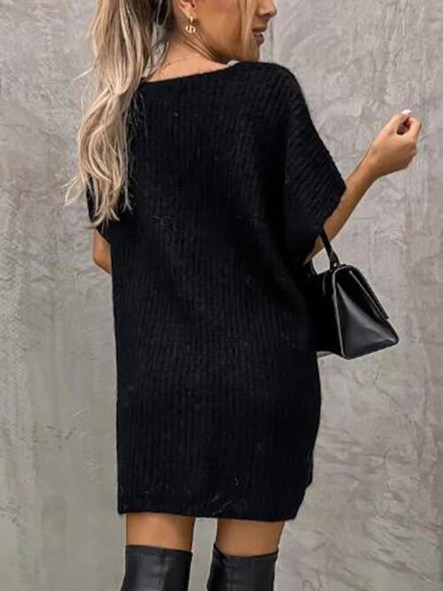 V-Neck Short Sleeve Sweater with Pockets Tops Trendsi   