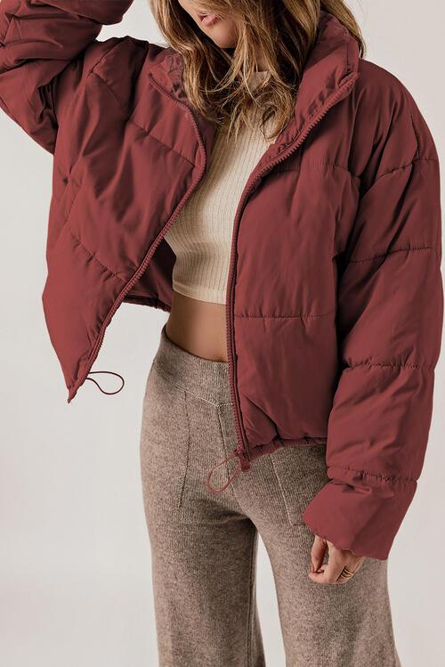 Zip Up Collared Neck Long Sleeve Winter Coat Coats Trendsi   