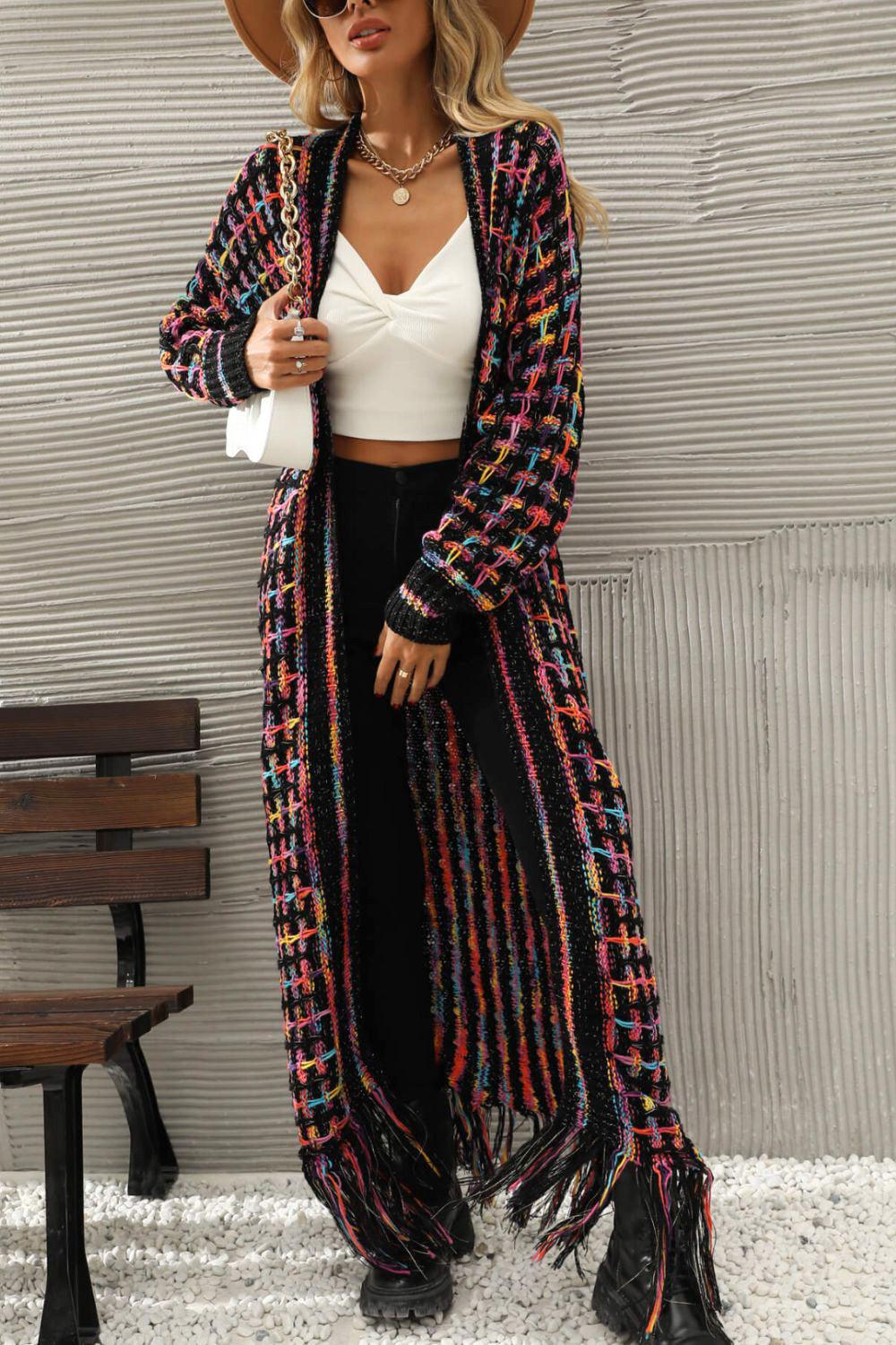 Multicolored Fringe Hem Cardigan Cardigans White   
