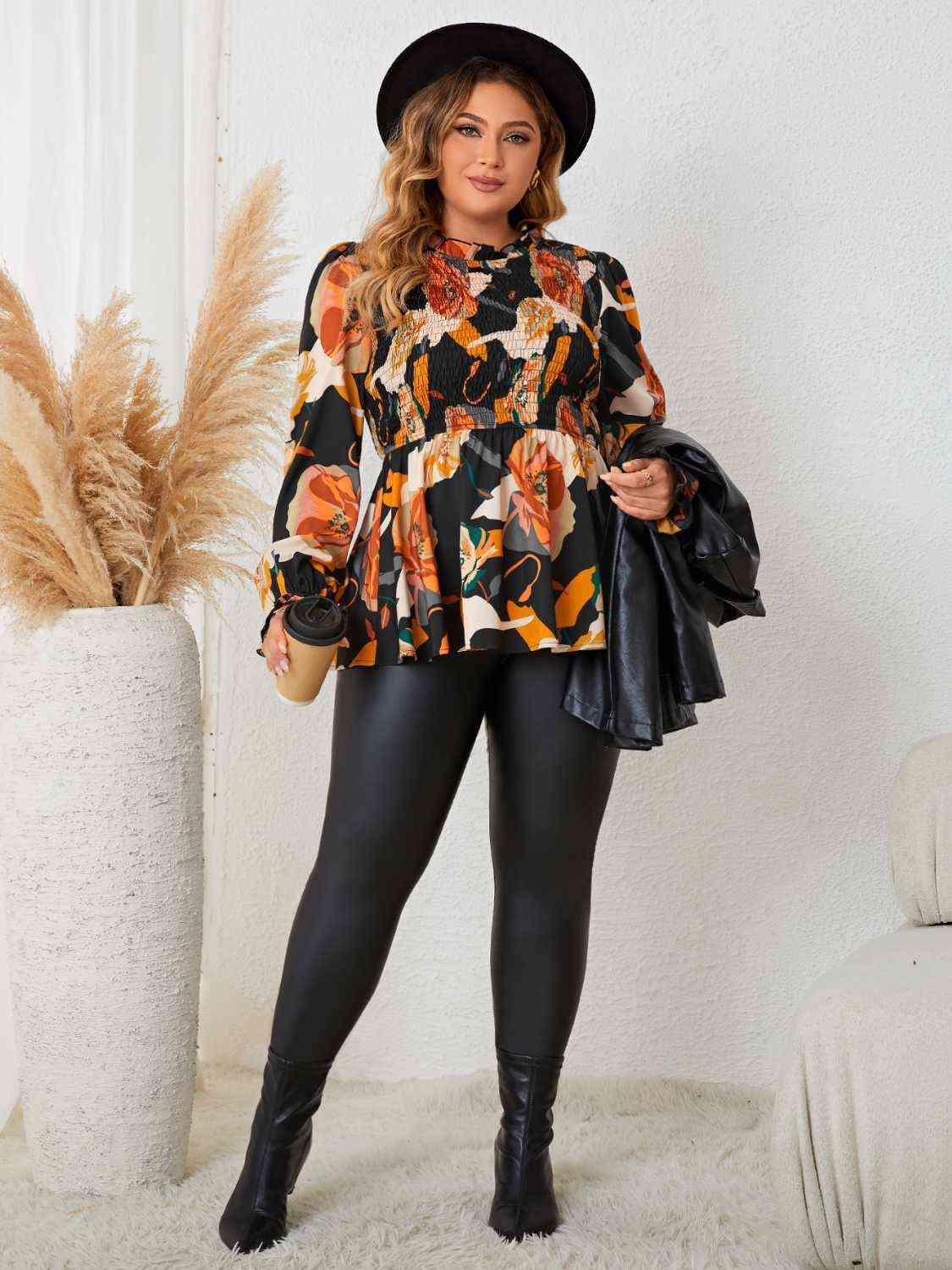 Plus Size Elastic Detail Long Sleeve Floral Babydoll Top Tops Trendsi   