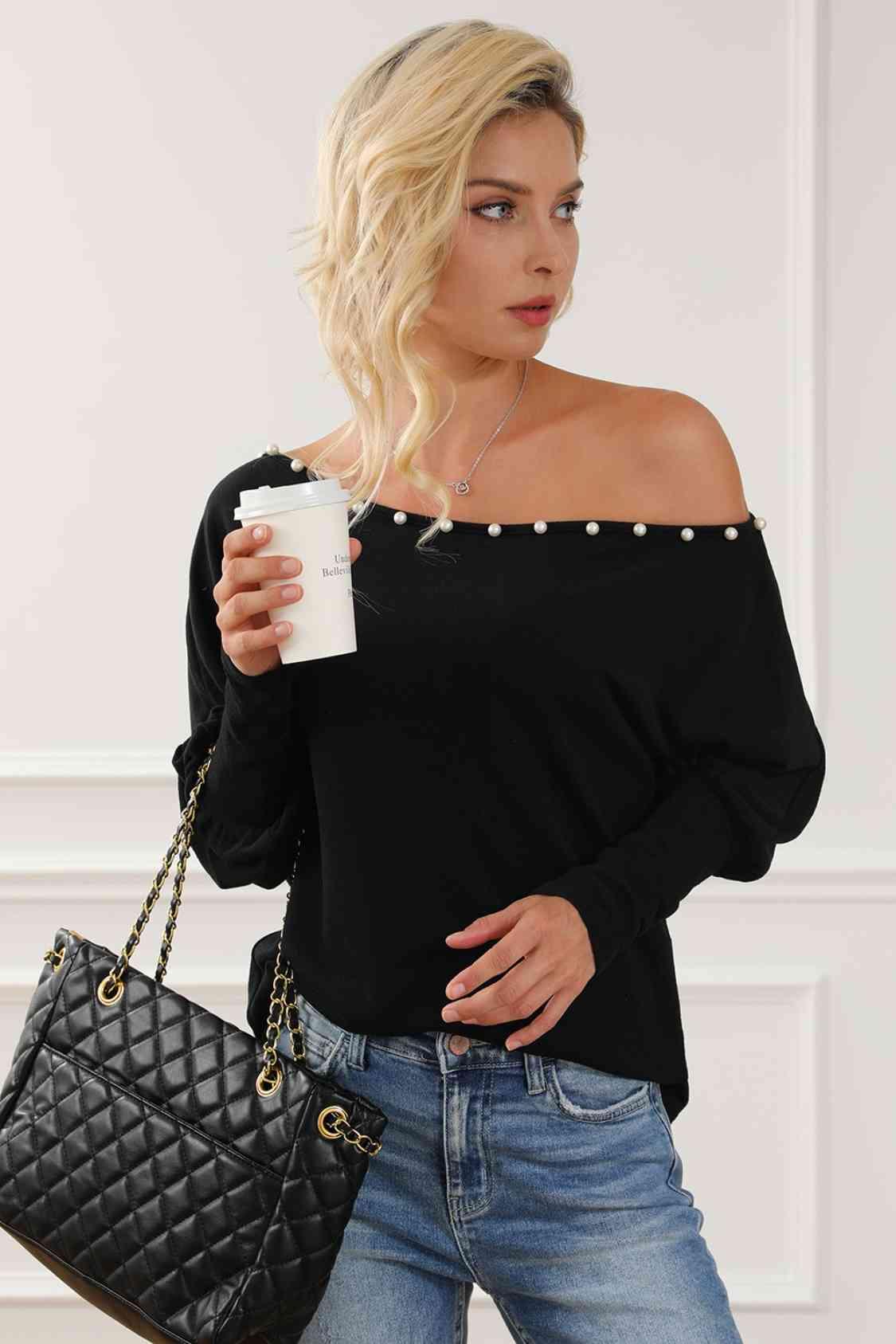 Pearl Trim Lantern Sleeve Top Blouses Trends   