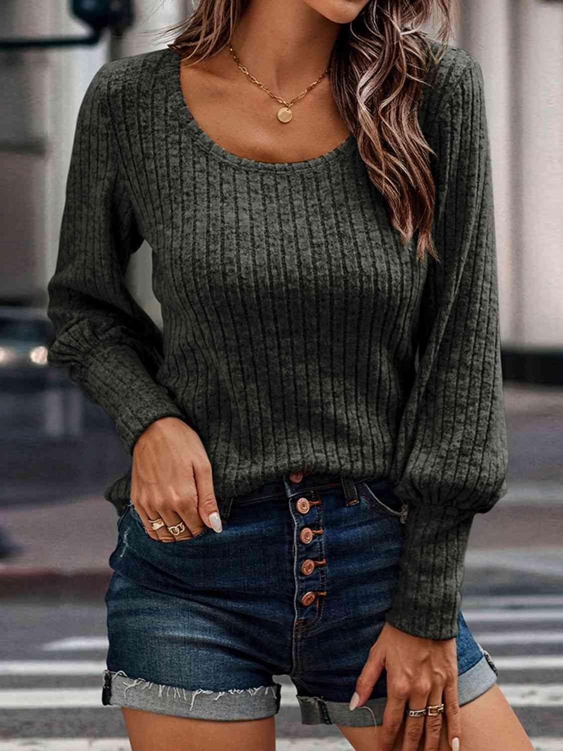 Ribbed Round Neck Long Sleeve Blouse Blouses Trends Charcoal S 