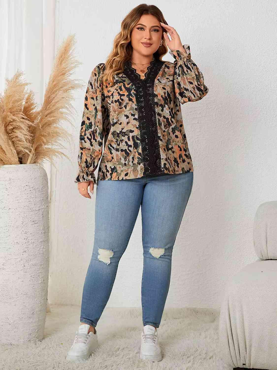 Plus Size Lace Trim Flounce Sleeve Blouse Blouses Trendsi   