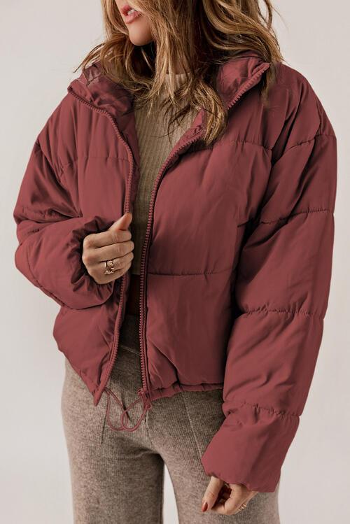 Zip Up Collared Neck Long Sleeve Winter Coat Coats Trendsi   