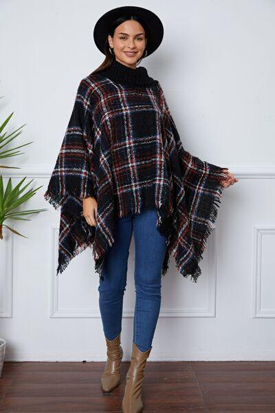 Turtleneck Plaid Raw Hem Poncho Sweater Tops Trendsi   