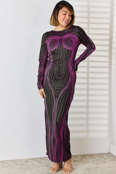 Cutout Round Neck Long Sleeve Maxi Dress Dresses Trendsi Fuchsia S 