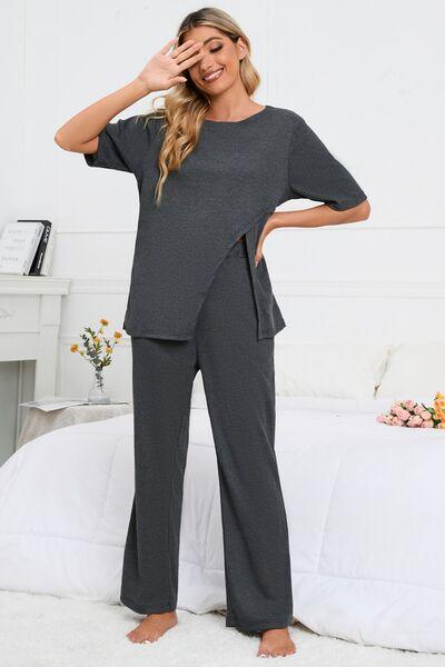 Round Neck Slit Top and Pants Lounge Set Loungewear Trendsi   