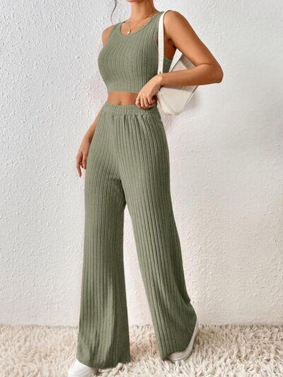 Ribbed Round Neck Tank and Pants Sweater Set Pant Set Trends   