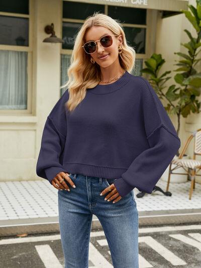Round Neck Lantern Sleeve Sweater Sweaters Trendsi Cobald Blue XS 
