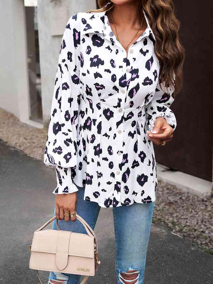 Printed Button-Up Lantern Sleeve Shirt Button-Up Trendsi   