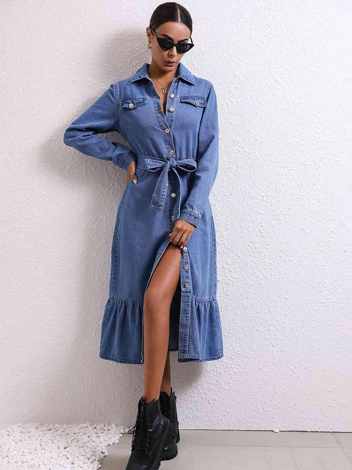 Collared Neck Ruffle Bottom Denim Dress Dresses Trendsi   