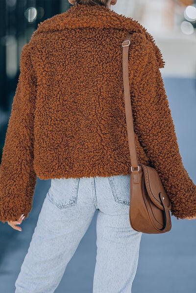 Fuzzy Snap Down Long Sleeve Jacket Jackets Trendsi   