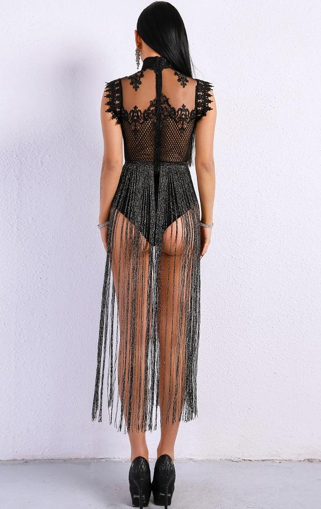 Black Fringe Bodysuit Dress Dresses Evelyn Belluci   