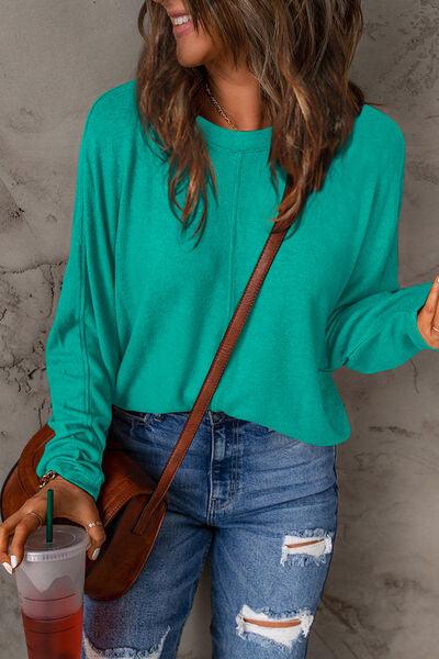Round Neck Long Sleeve Cotton Top Tops Trendsi Turquoise S 