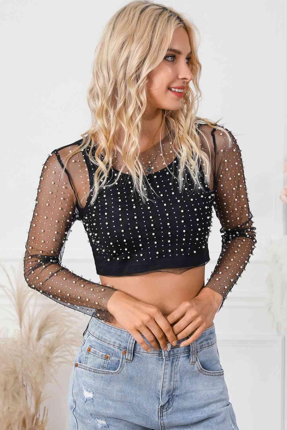 Pearl Mesh Log Sleeve Cropped Top Blouses Trendsi Black S 