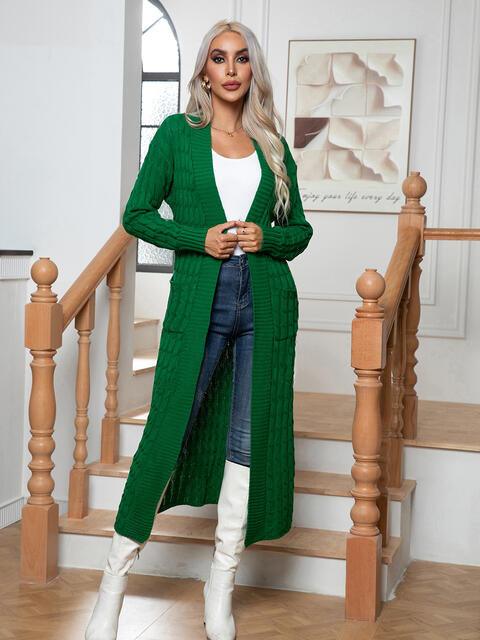 Cable-Knit Open Front Cardigan with Pockets Cardigans Trendsi Green S 