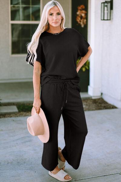 Texture Short Sleeve Top and Pant Set Pant Set Trend Black S 