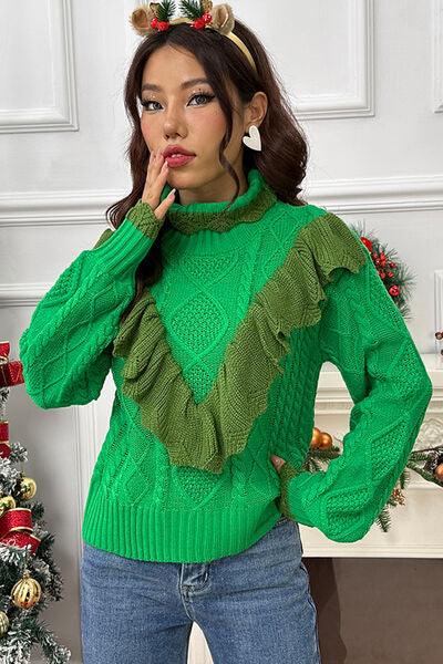 Cable-Knit Ruffled Mock Neck Lantern Sleeve Sweater Sweaters Trendsi   