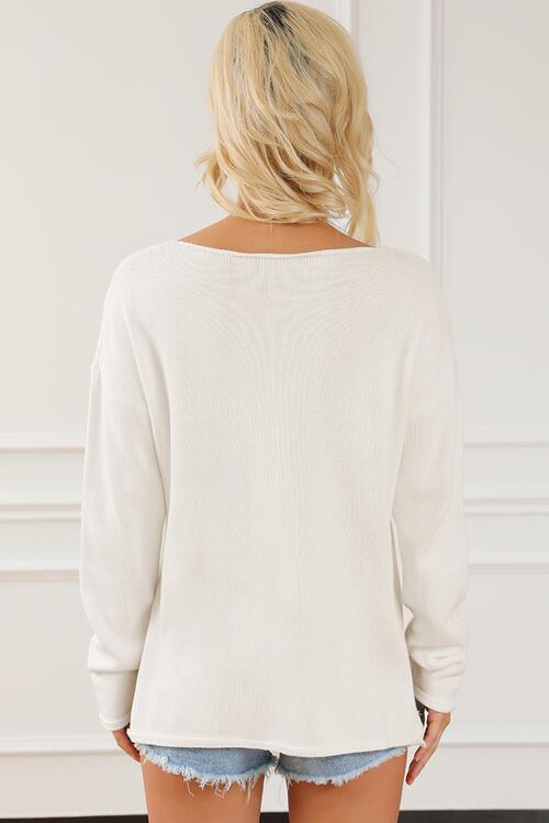 CHAMPAGNE PLEASE Long Sleeve Slit Sweater Sweaters Trendsi   
