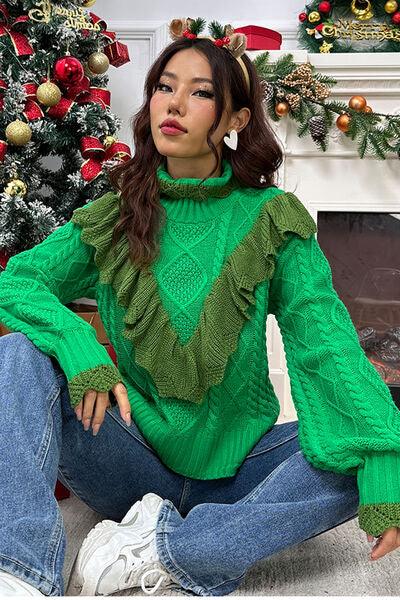 Cable-Knit Ruffled Mock Neck Lantern Sleeve Sweater Sweaters Trendsi   