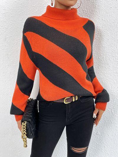 Striped Turtleneck Dropped Shoulder Sweater Sweaters Trendsi Red Orange S 