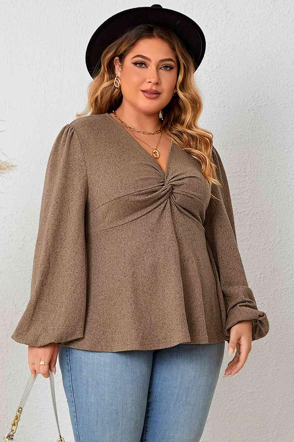 Plus Size Twist Front Balloon Sleeve Blouse Blouses Trendsi Taupe 1XL 
