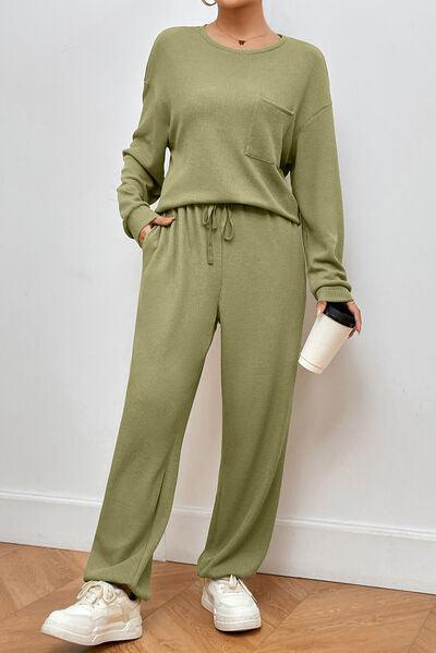 Pocketed Round Neck Top and Pants Lounge Set Pant Set Trends   