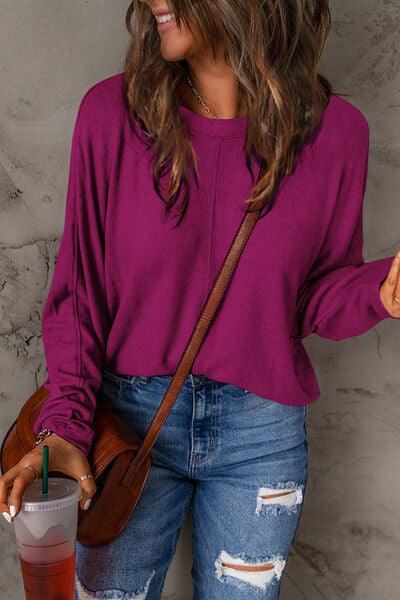 Round Neck Long Sleeve Cotton Top Tops Trendsi Magenta S 